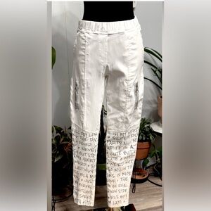 #15)  Tempo Paris White Cargo Stretch Pants with Script Graphic
